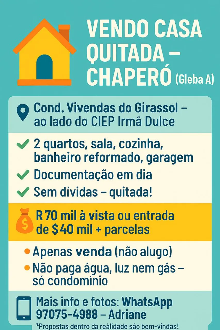 Casa de 2 quartos e Garagem no condomínio Vivendas do Girassol