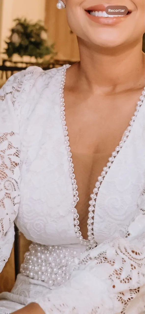 Vestido Noiva Midi Branco Elegante - Renda e pérolas  - Foto 4