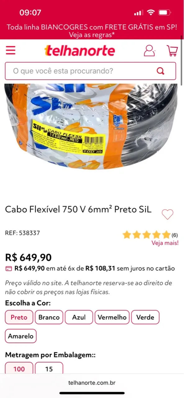 Cabo Flexível 750V 6mm² Preto SiL - 100m