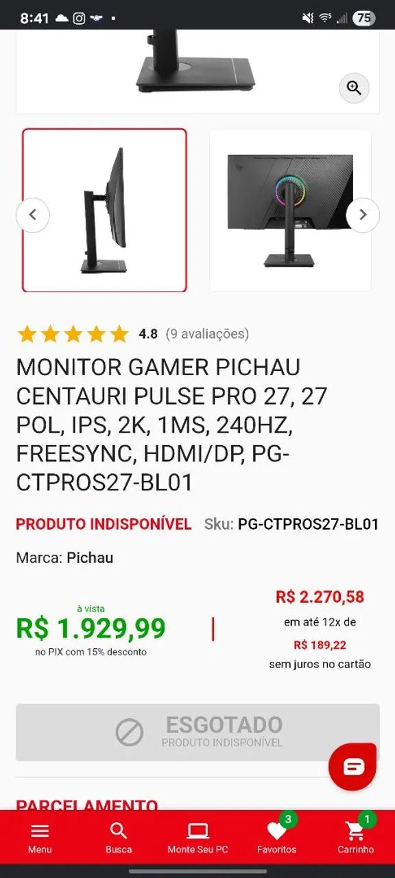 nitor Gamer Pichau Centauri Pulse Pro 27,IPS, 2K, 1ms, 240Hz, FreeSync, HDMI/DP - Foto 2