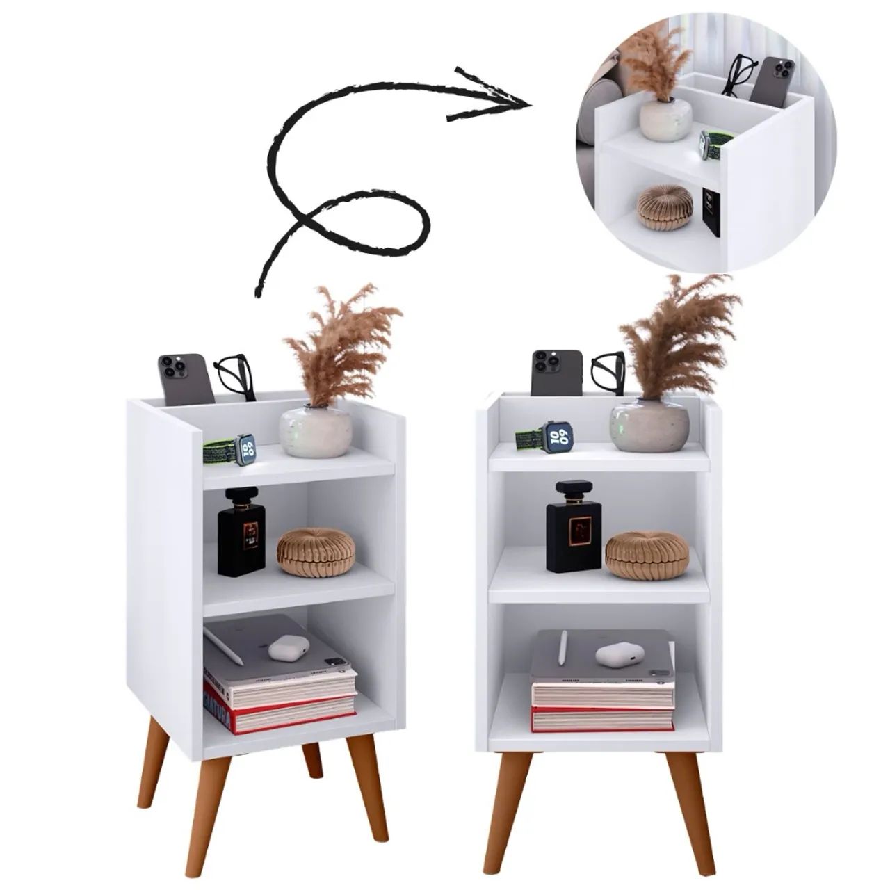 Kit com 2 Mesas de Cabeceira com porta celular - Compacta, Moderna e Funcional  - Foto 5