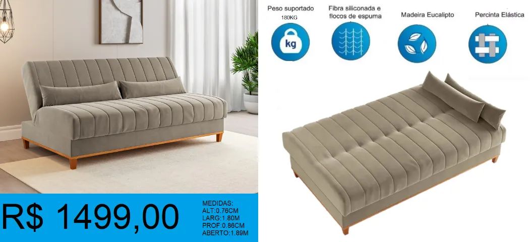 SOFA CAMA - FIBRA SILICONADA E FLOCOS DE ESPULMA - DISPONIVEL EM 2 CORES =PRONTA ENTREGA