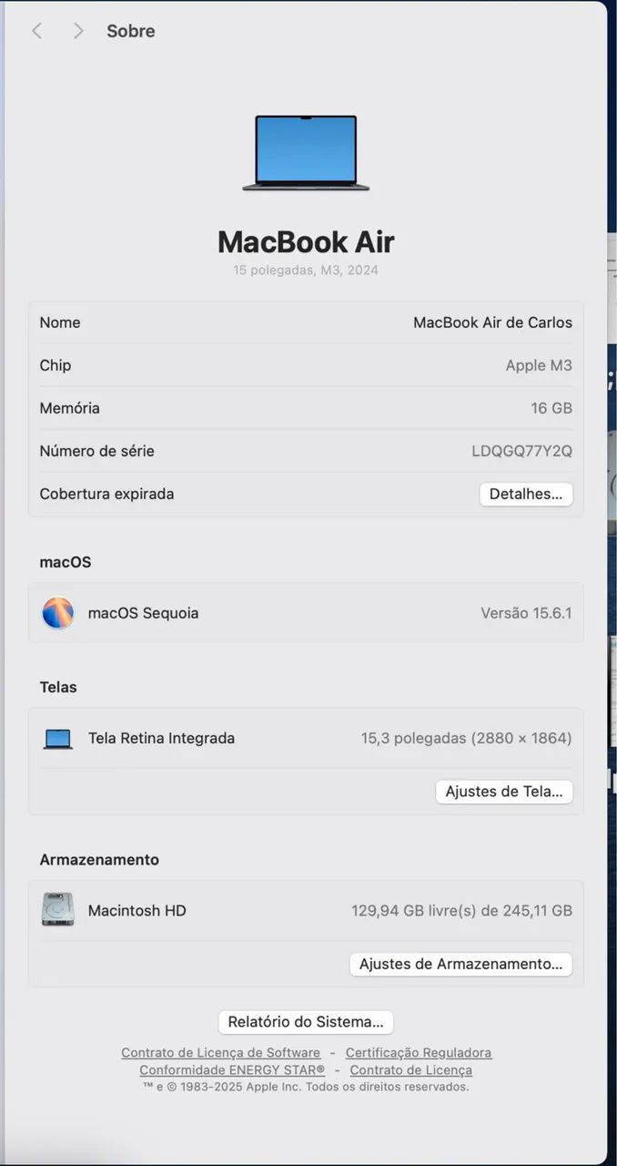 MacBook Air M3 15 polegadas 256GB - 16GB ram - Foto 3