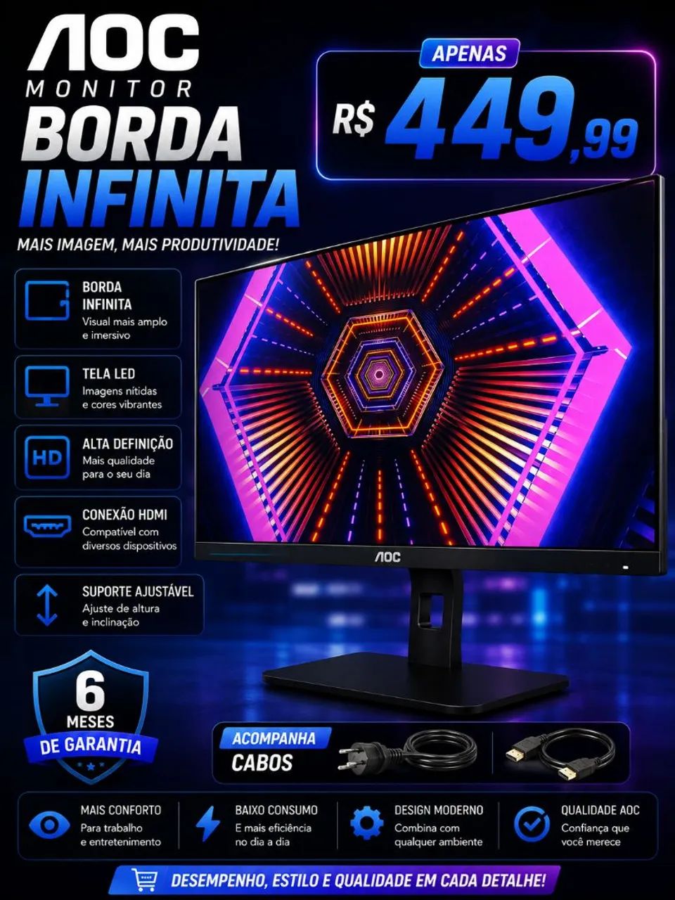 Monitor Borda infinita 22 polegadas HDMI 