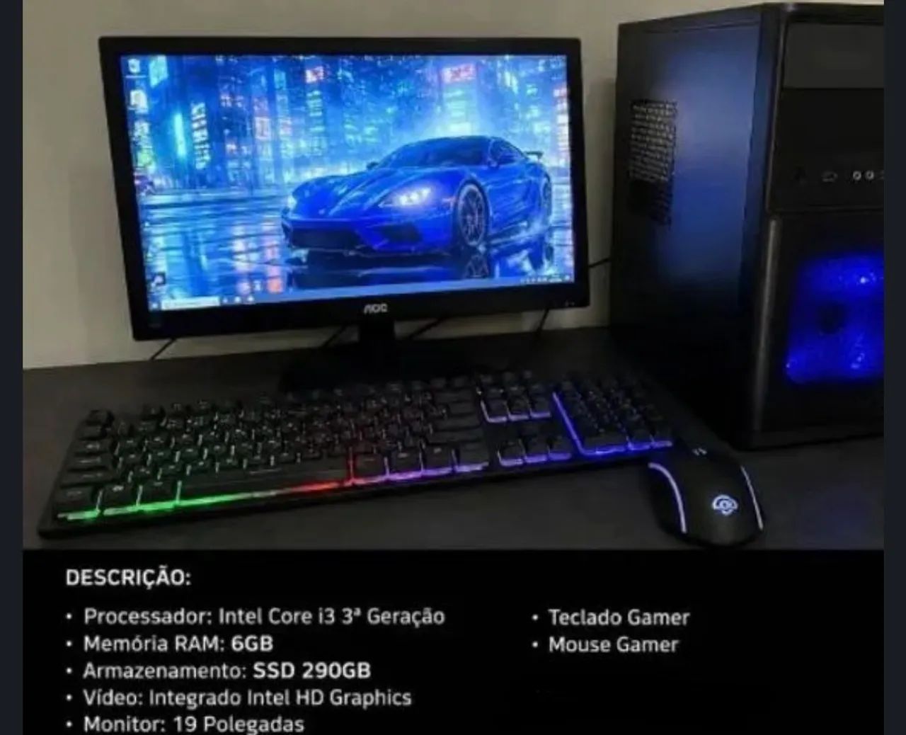 PC gamer, teclado, mouse, monitor e etx