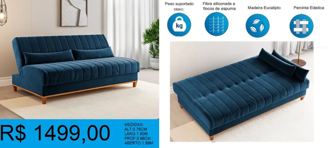 SOFA CAMA - FIBRA SILICONADA E FLOCOS DE ESPULMA - DISPONIVEL EM 2 CORES =PRONTA ENTREGA - Foto 2