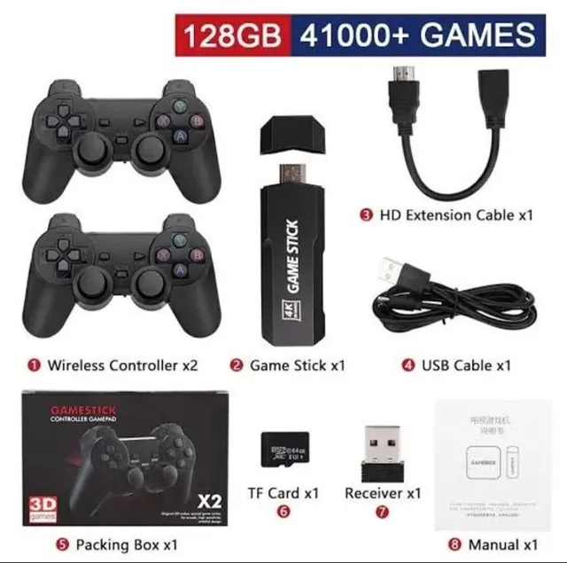 Game Stick Retro 4k - 128GB e 41mil jogos v4.5 Custom com 2 Controles