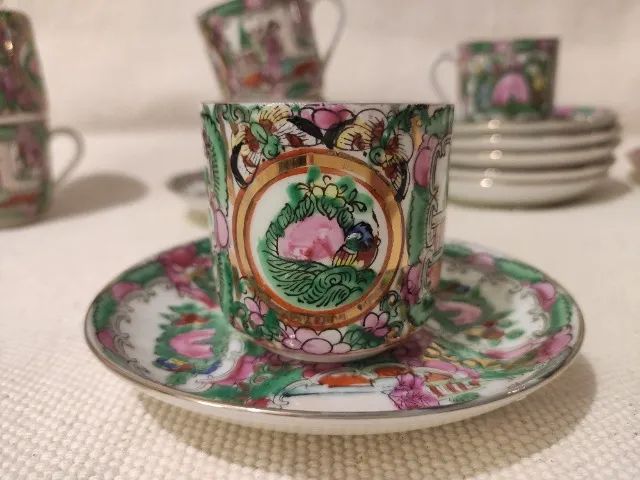 Conjunto de Café Chinês Pintado à Mão Porcelana Macau com 9 Peças - Foto 3