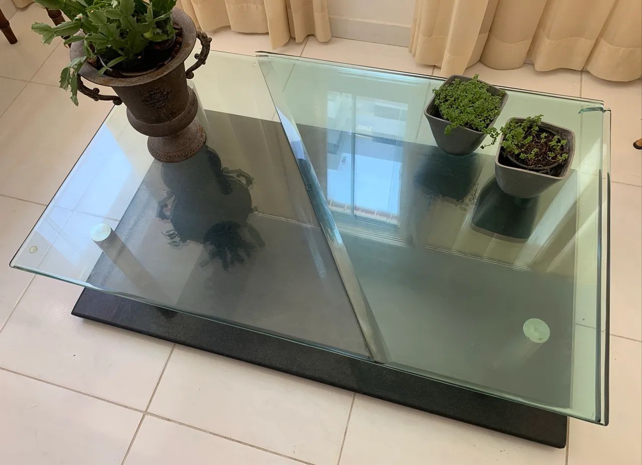 Mesa Centro Design Granito Preto Vidro Temperado 15mm -1.30 X 80 X 33cm -OPORTUNIDADE