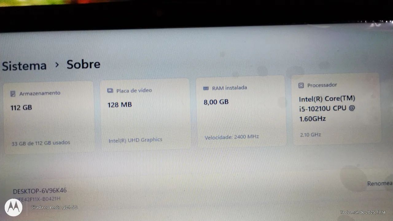Notebook Intel Core i5 10210U 8GB RAM 112GB SSD