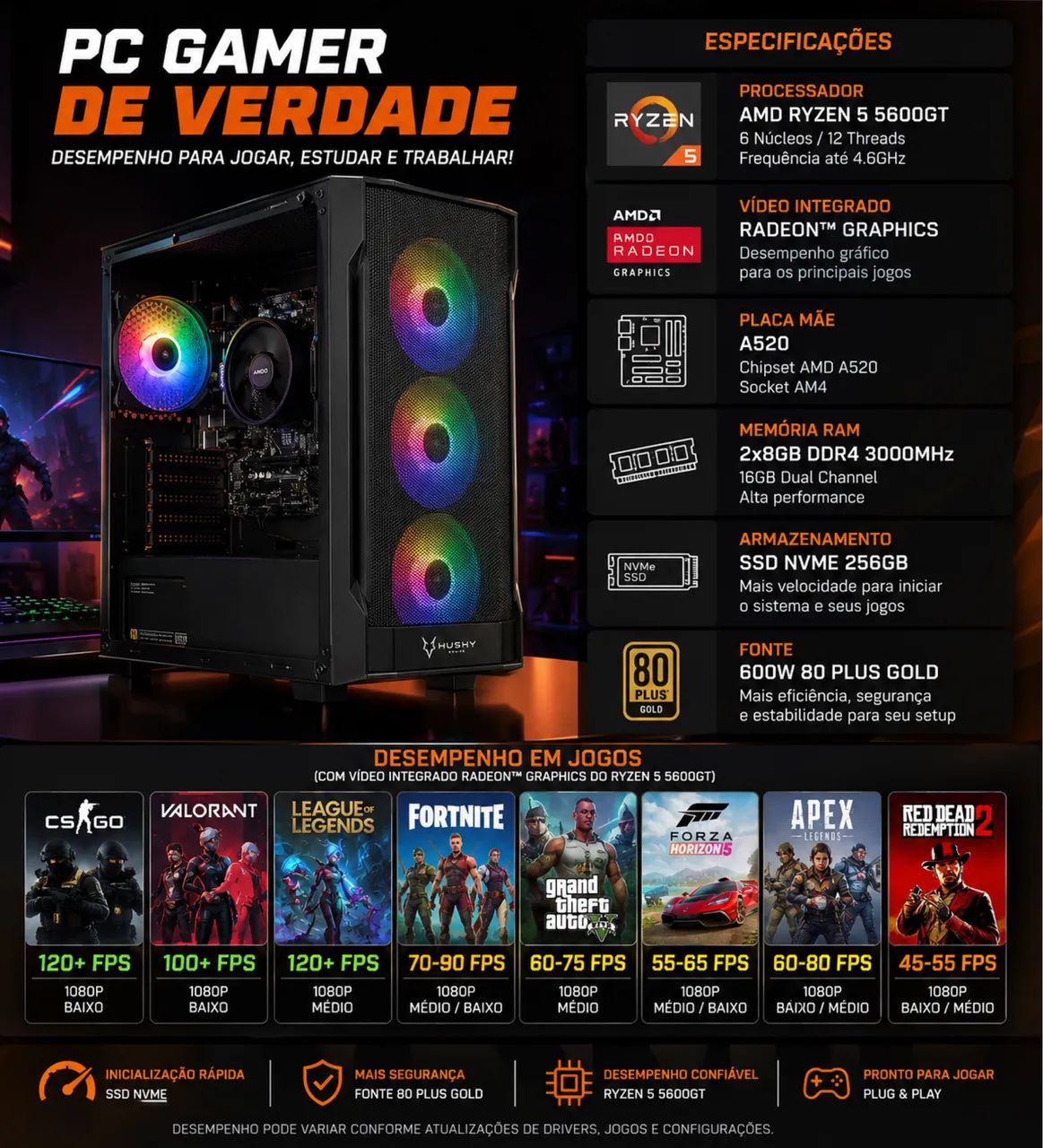 Pc gamer ryzen 5 5600GT com vídeo integrado 