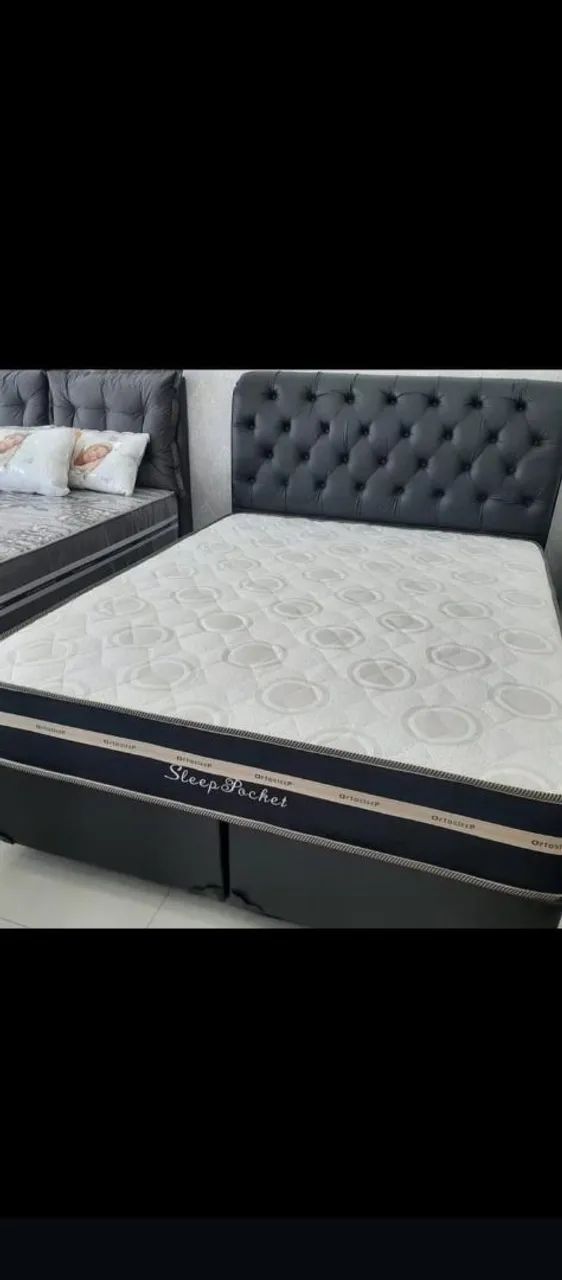 Cama box queen size na cor preta conjunto completo