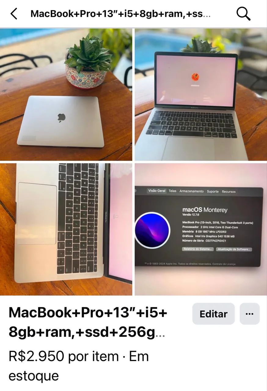 MacBook Pro 13 i5 8gb ram, ssd 256gb, placa video 1,5gb A1708