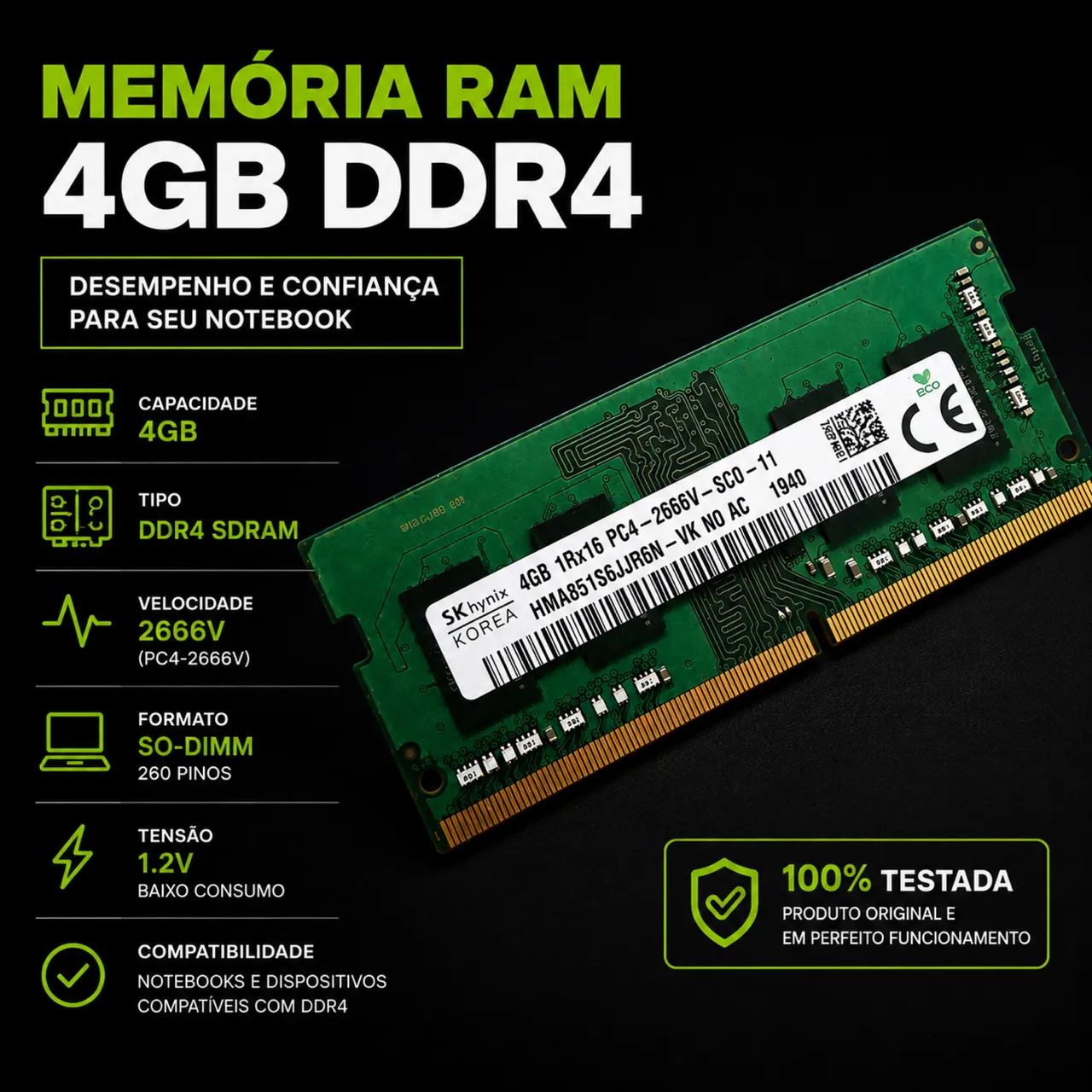 Memória RAM SK Hynix 4GB DDR4 2666MHz para Notebook - Testada