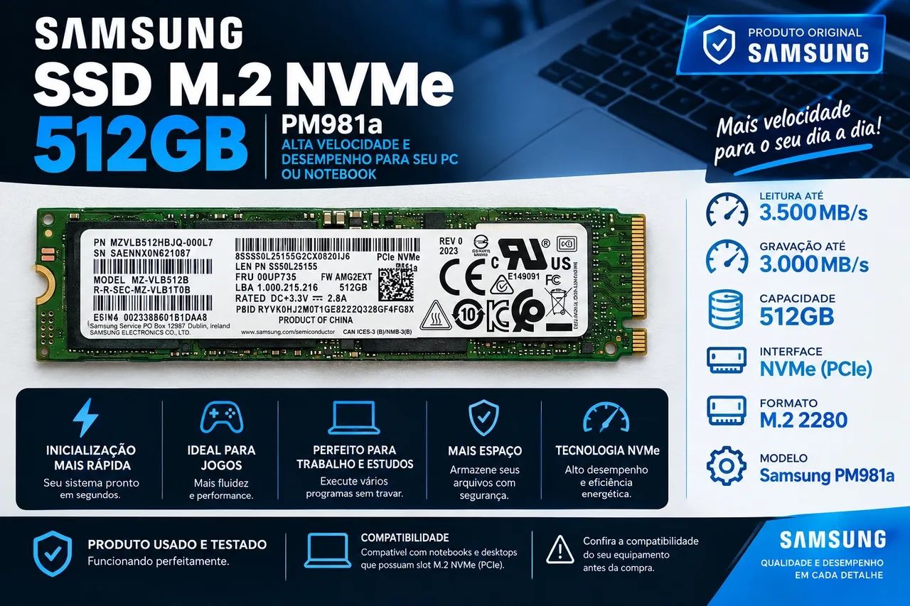Samsung PM981a 512GB NVMe SSD 本体 SSD M.2 NVMe Samsung PM981a 512GB - Alta Velocidade para Notebook
