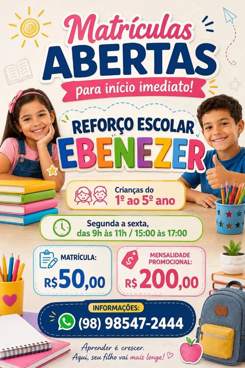 Matrículas abertas Reforço Escolar Ebenezer 