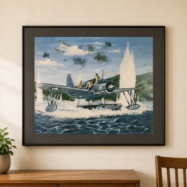 2 quadros de aviação militar B-29 e Kingfisher com moldura
