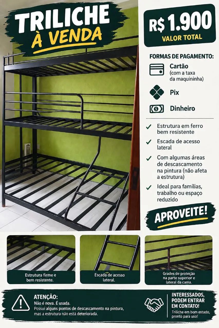 Triliche: cama de casal em baixo e duas de solteiro em cima 