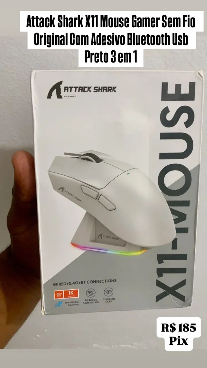 Attack Shark X11 Mouse Gamer Sem Fio Original Com Adesivo Bluetooth Usb Preto 3 em 1