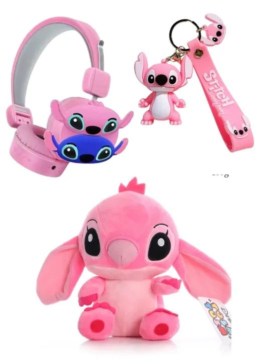 Stitch Rosa kit fone de ouvido sem fio pelúcia e chaveiro novo