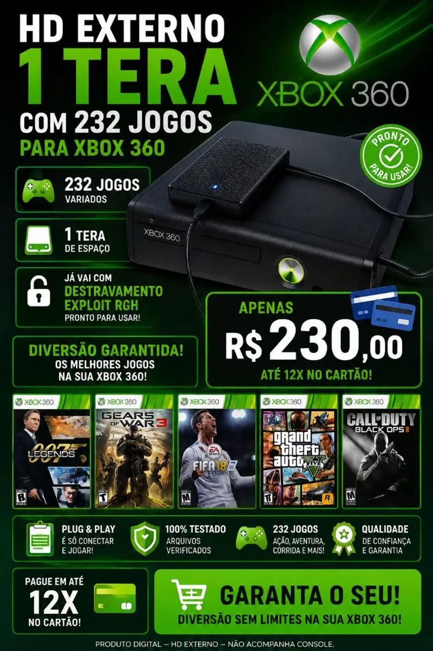 Hd externo 1tb 232 jogos qualquer modelo xbox 360 com exploit rgh 