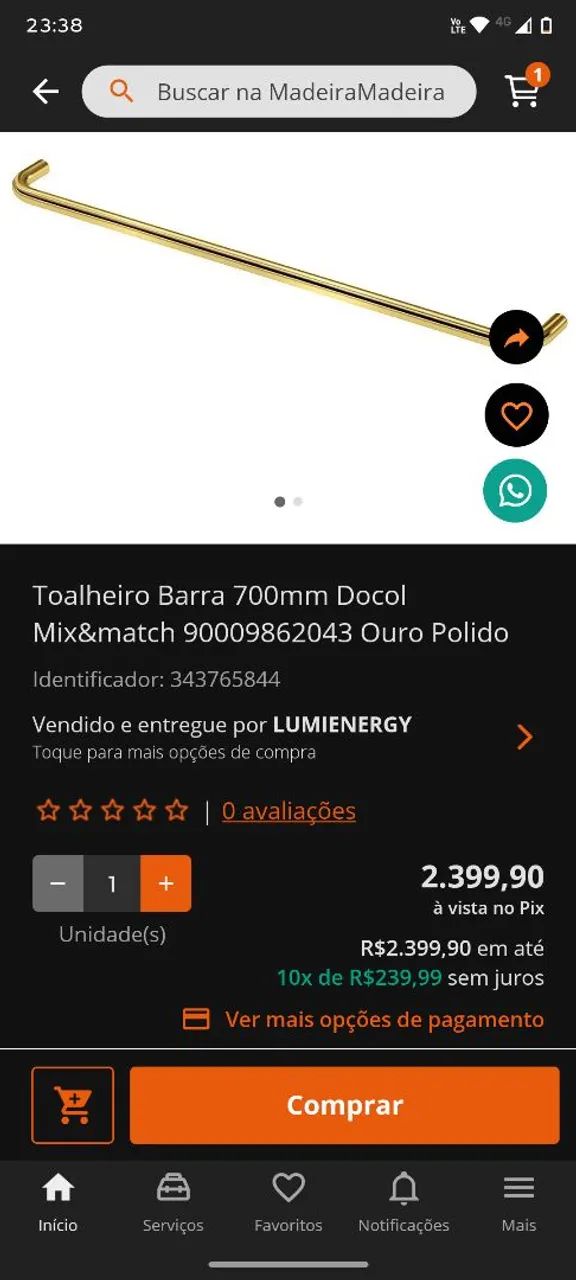 Toalheiro bastão mix & match 70cm ouro escovado DOCOL