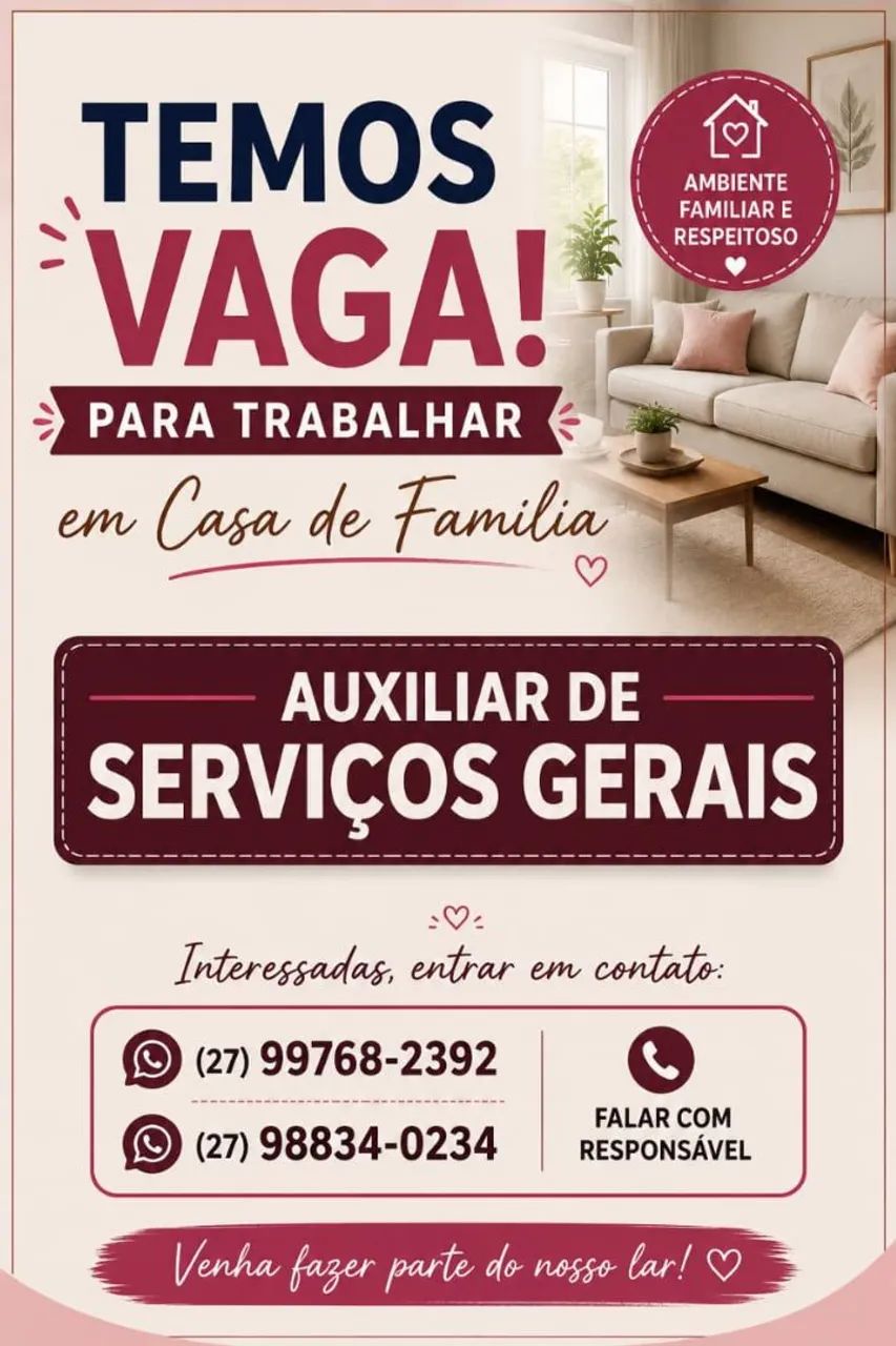 Vaga para Auxiliar de serviços gerais 