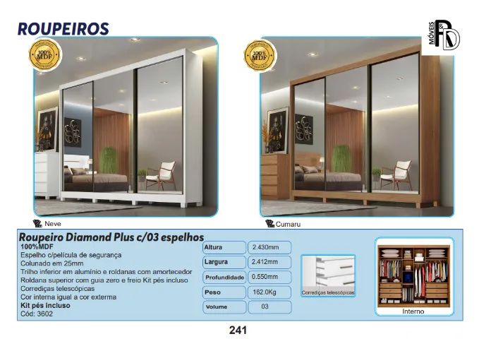 Roupeiro Guarda Roupa Diamond Plus com 3 espelhos 100% MDF