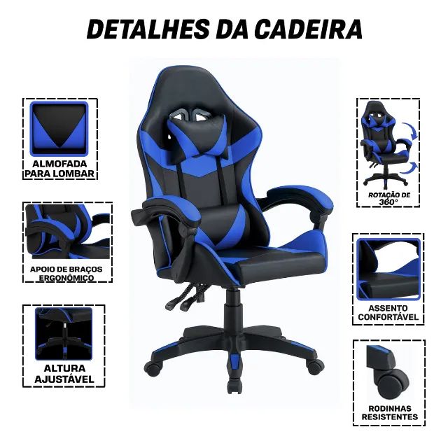 Cadeira Gamer Escritório Reclinável Ergonômica Giratória com Rodinhas X-On - Azul - Foto 4