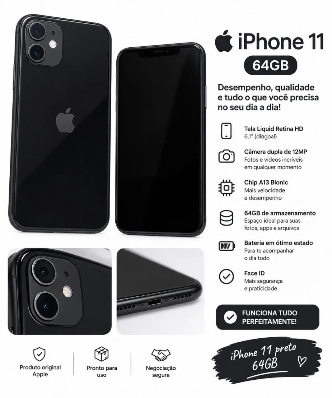 IPHONE 11 - PRETO - 64GB - FACE ID OK. - Celulares e Smartphones