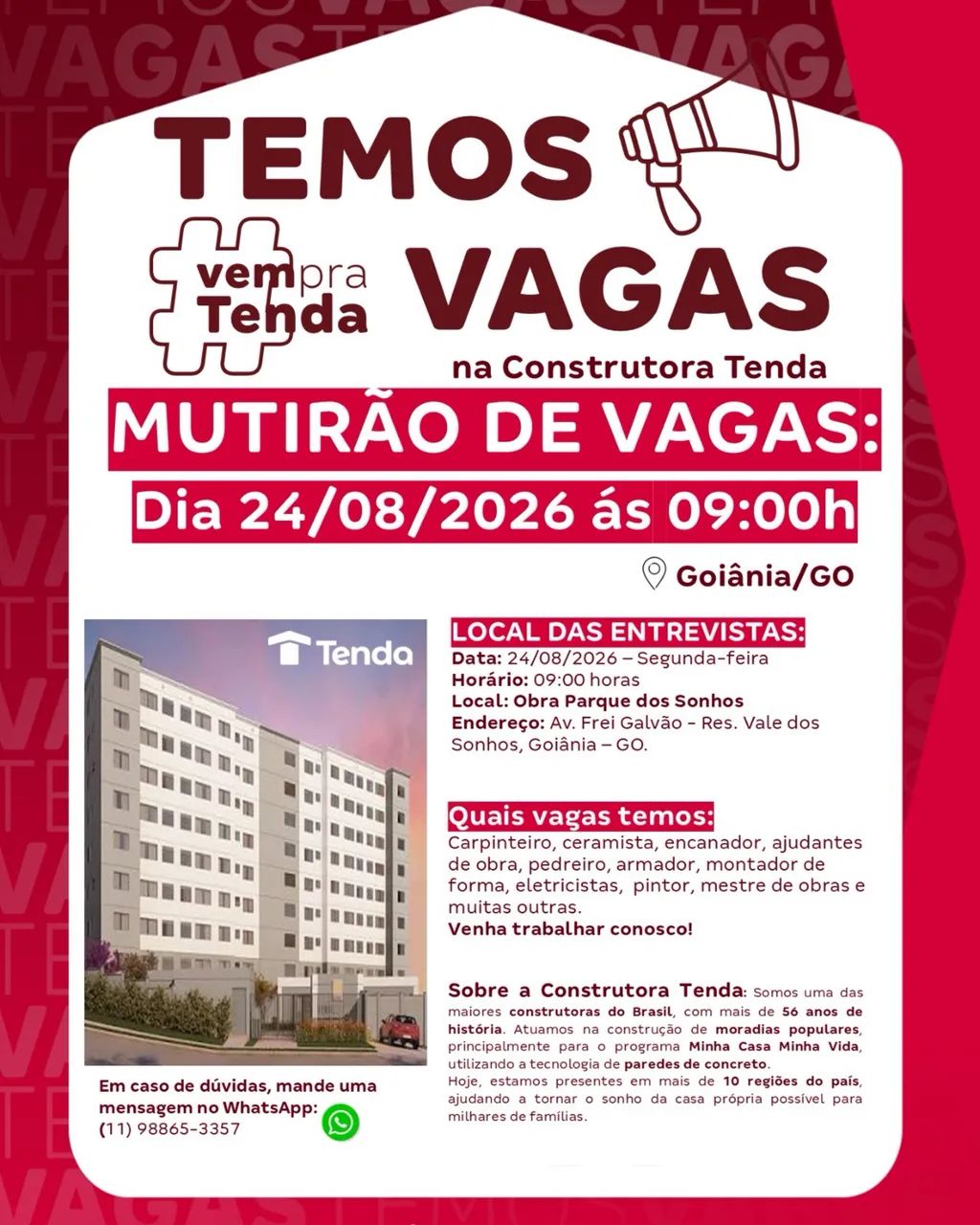 Vagas de emprego na Construtora Tenda