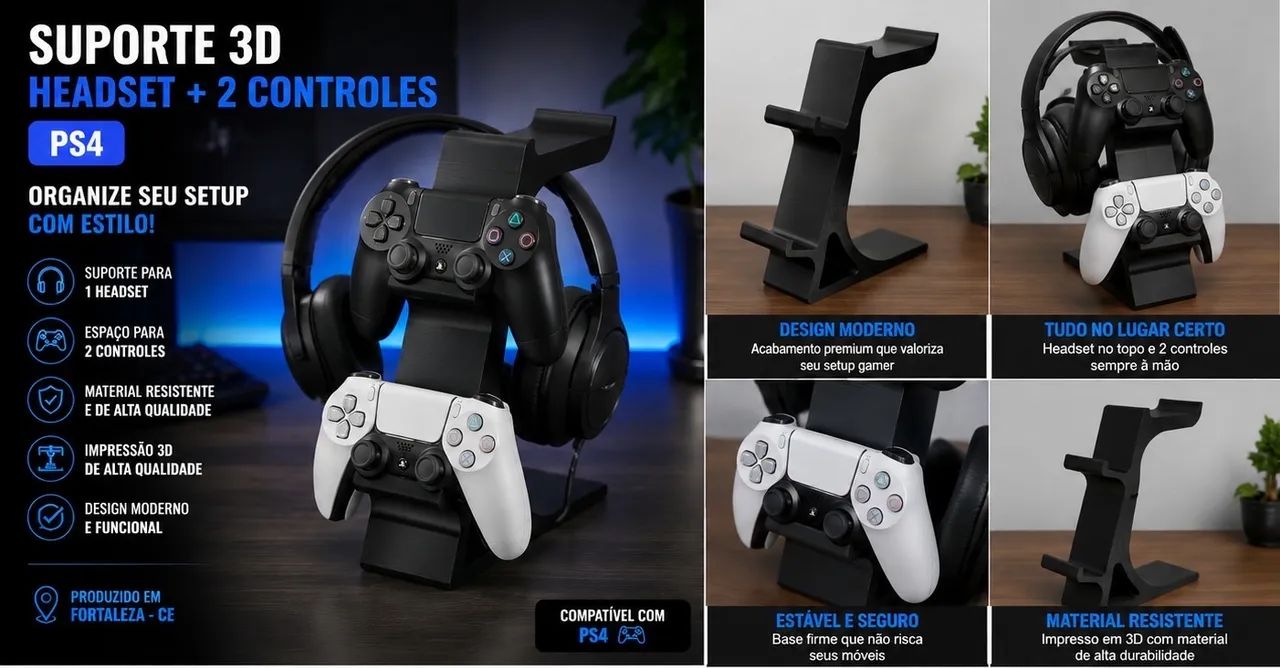 Suporte 3D para Headset + 2 Controles PS4 | Organizador Gamer