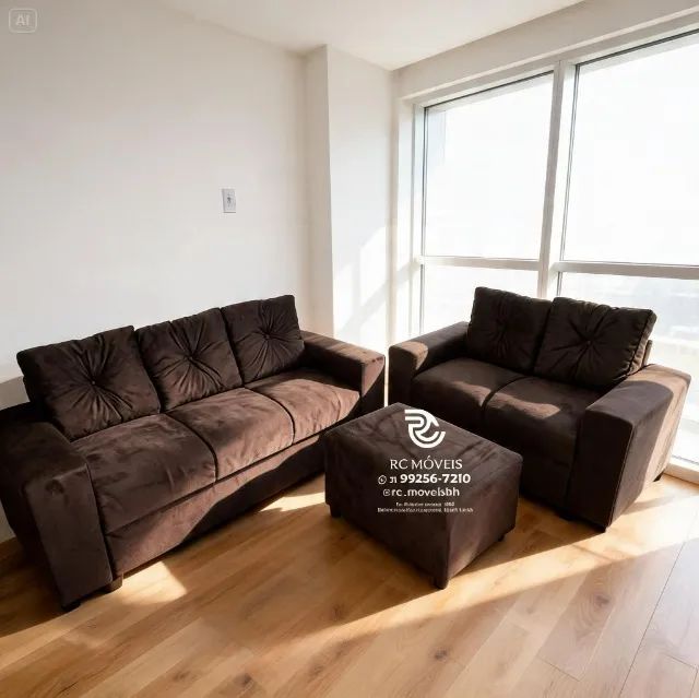 Conjunto Sofá 2 e 3 Lugares Puff Suede Cinza Claro D33 Luxo