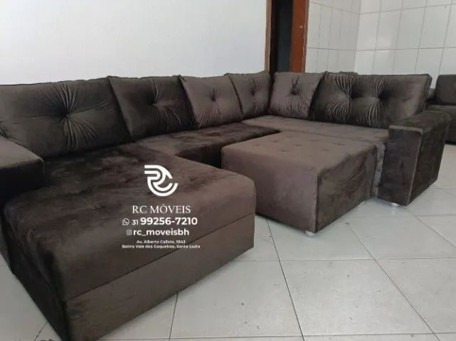 Sofá de canto Grande 3,10m com Chaise e Puff veludo macio D33 Premium - Foto 2