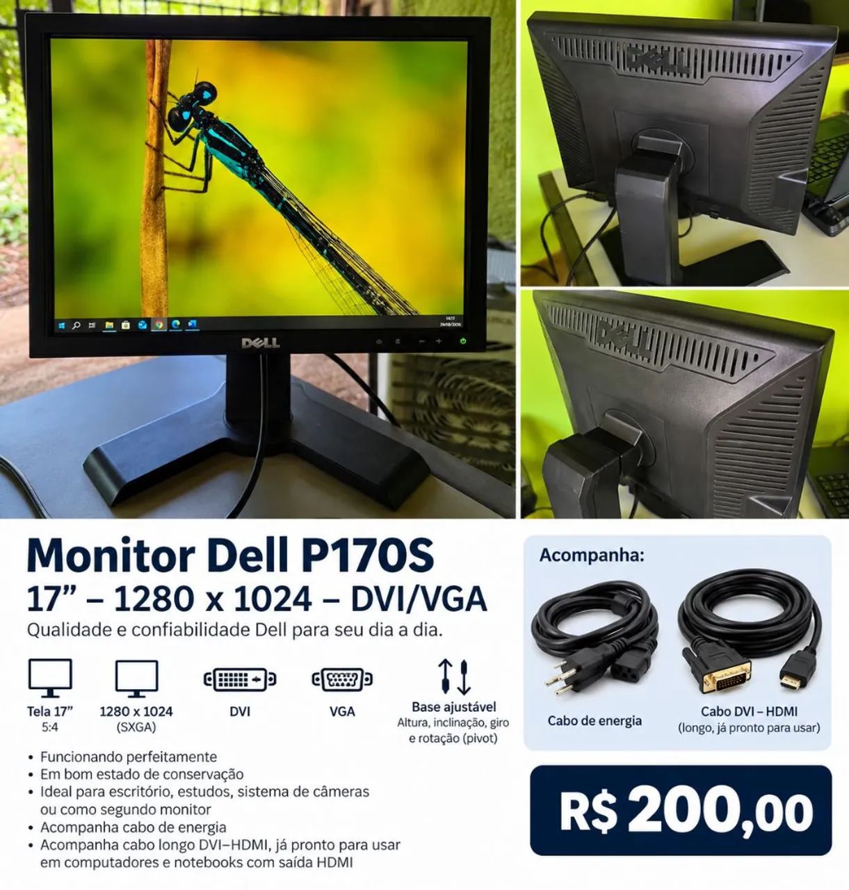 Monitor Dell P170S 17" - DVI/VGA - Base Ajustável + Cabo HDMI