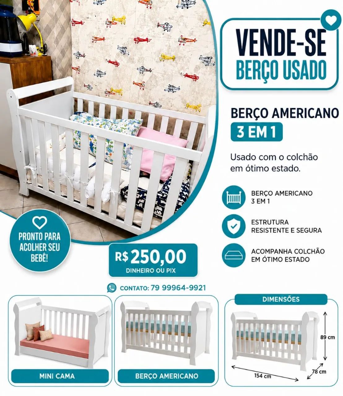  Berço Americano 3 em 1 USADO mais o colchão 