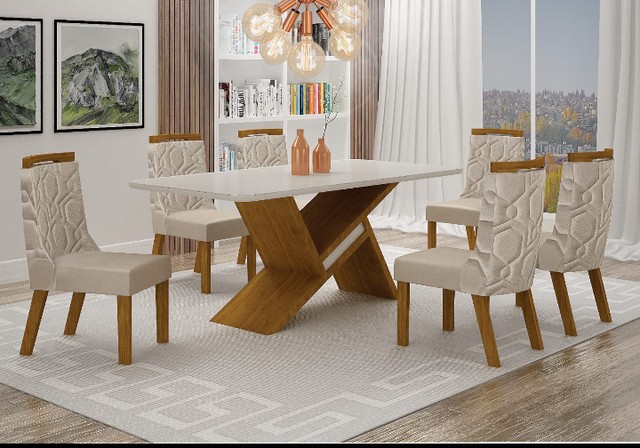 Sala mesa jantar com 6 cadeiras tampo de vidro 