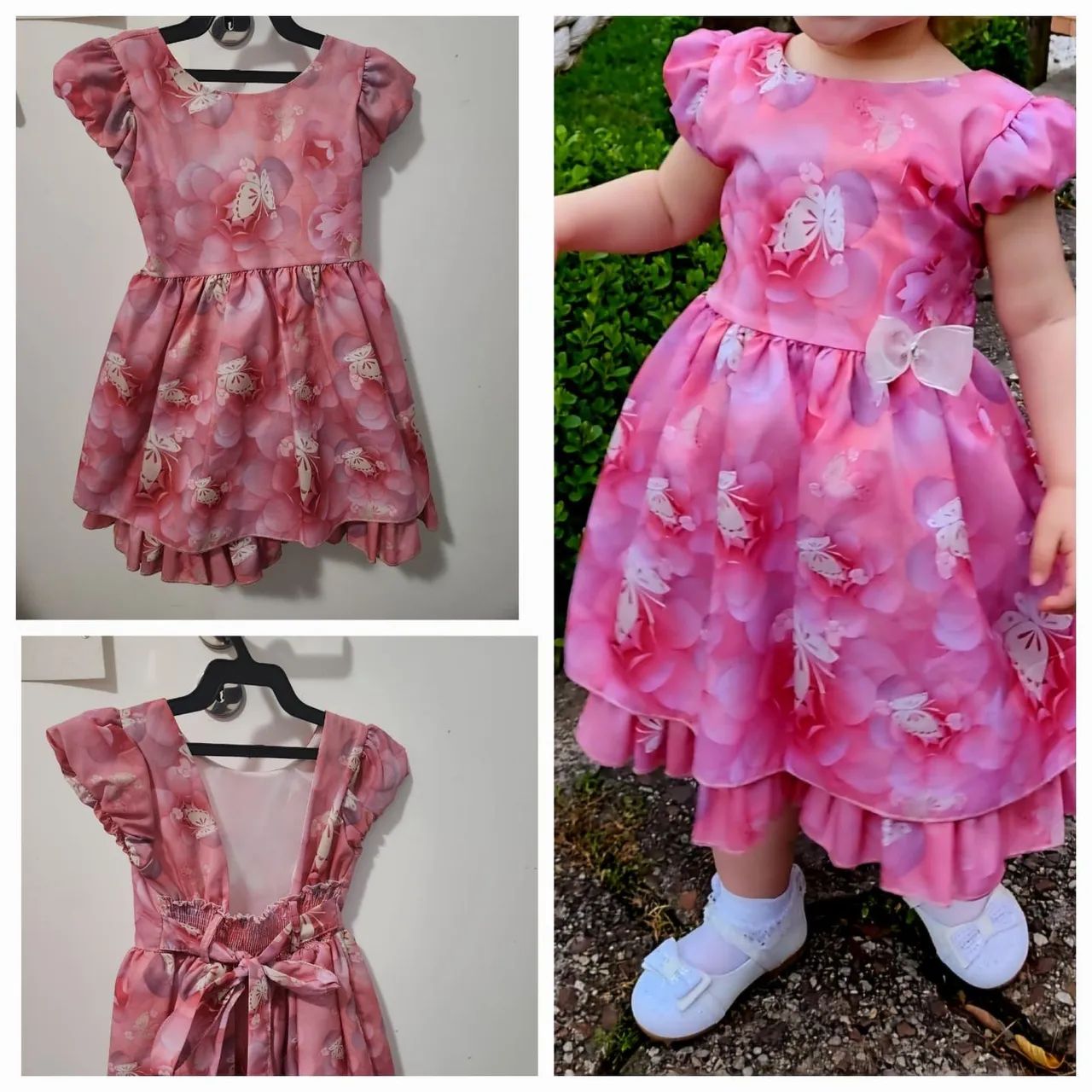Vestido Infantil Floral Jardim e borboletas, veste de 1 a 2 anos.