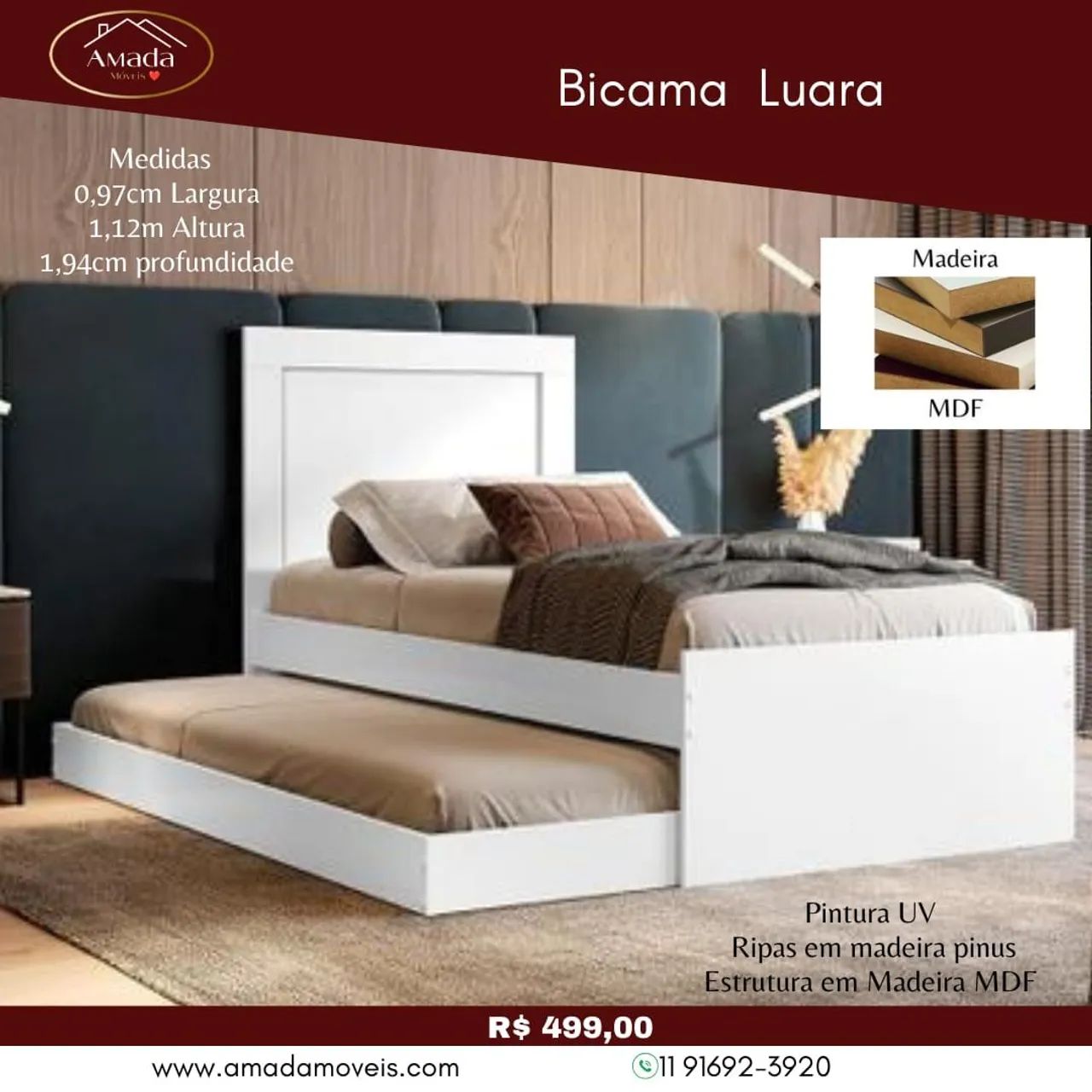 Bicama Luara - Madeira Pinus e MDF - entrega em 3 Dias  - Foto 2