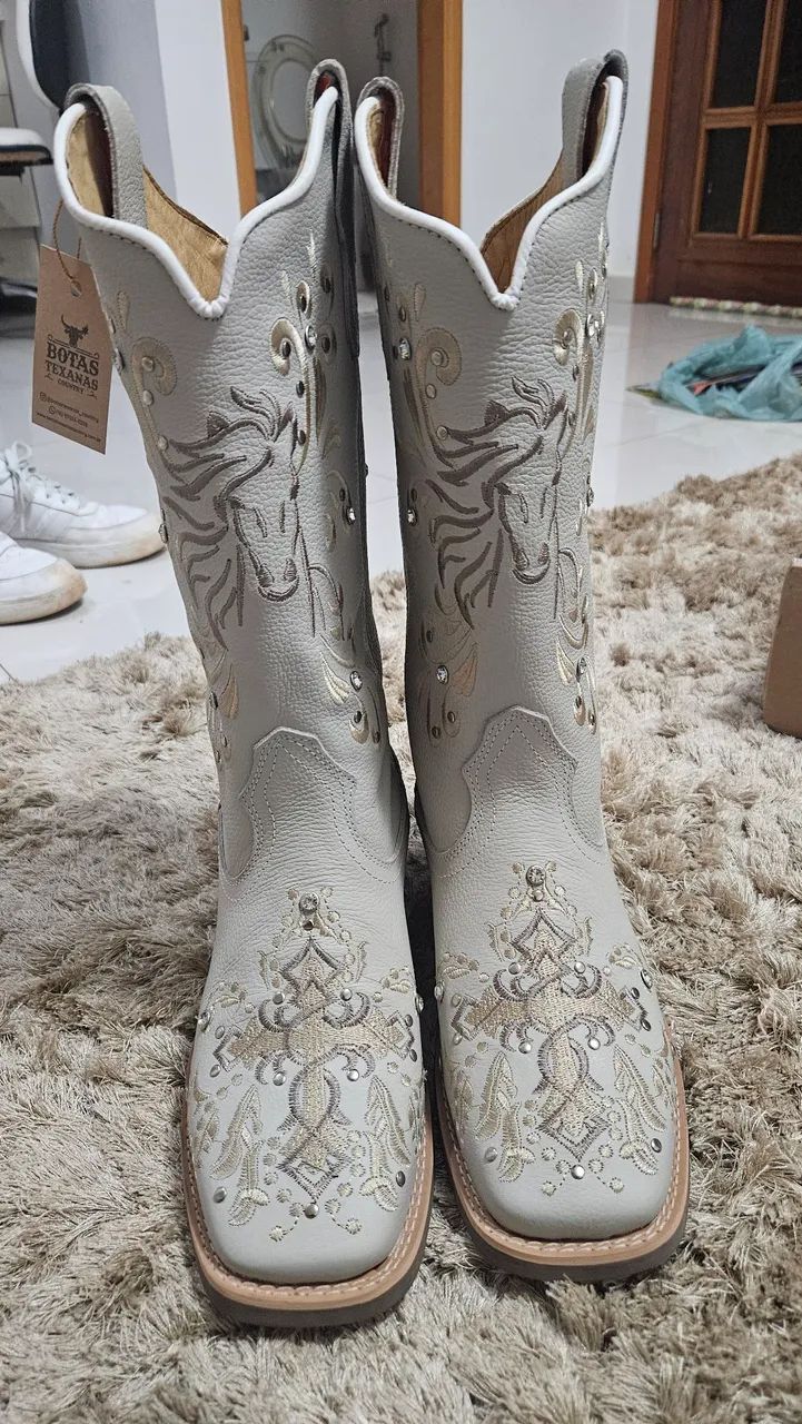 TEXANA BRANCA BORDA! 100% COURO LEGÍTIMO  - Foto 3