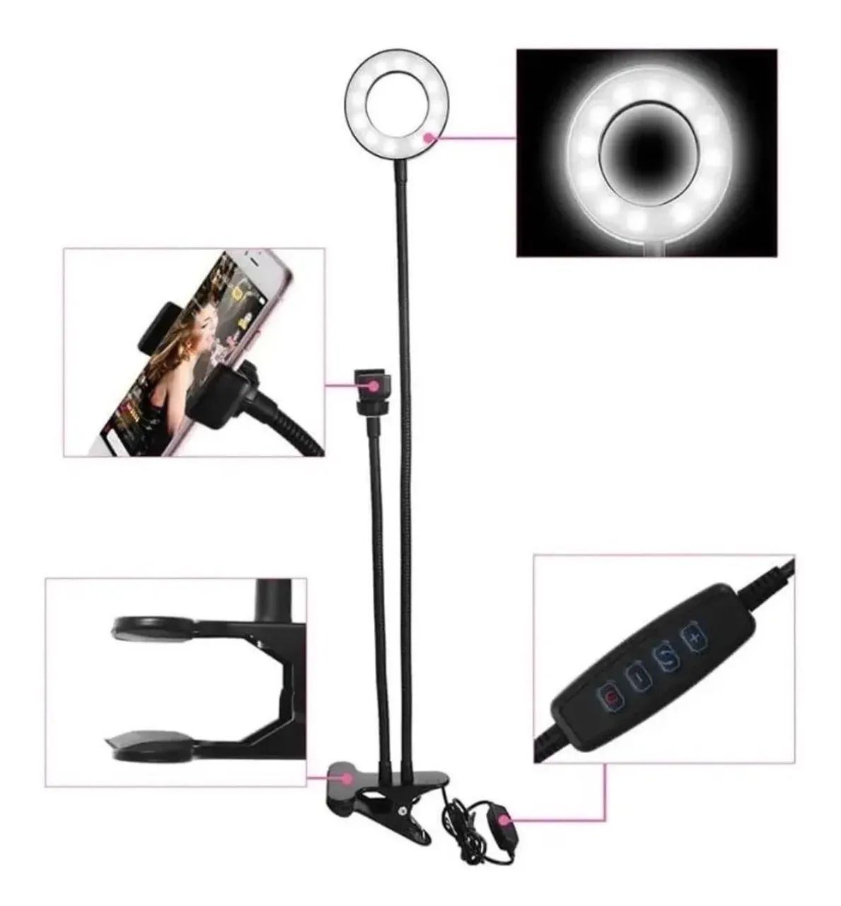 suporte celular ring light usb luminária led para youtubers preto - Foto 4