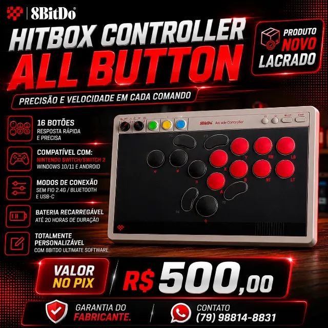 Controle Arcade Sem Fio 8BitDo All-Button para Switch 1/2 e Windows