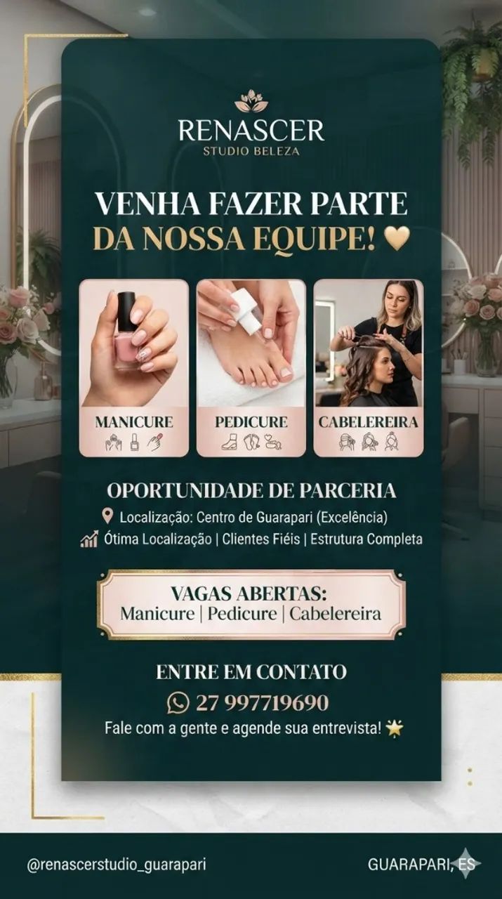 Vaga de manicure, pedicure e cabelereira. 