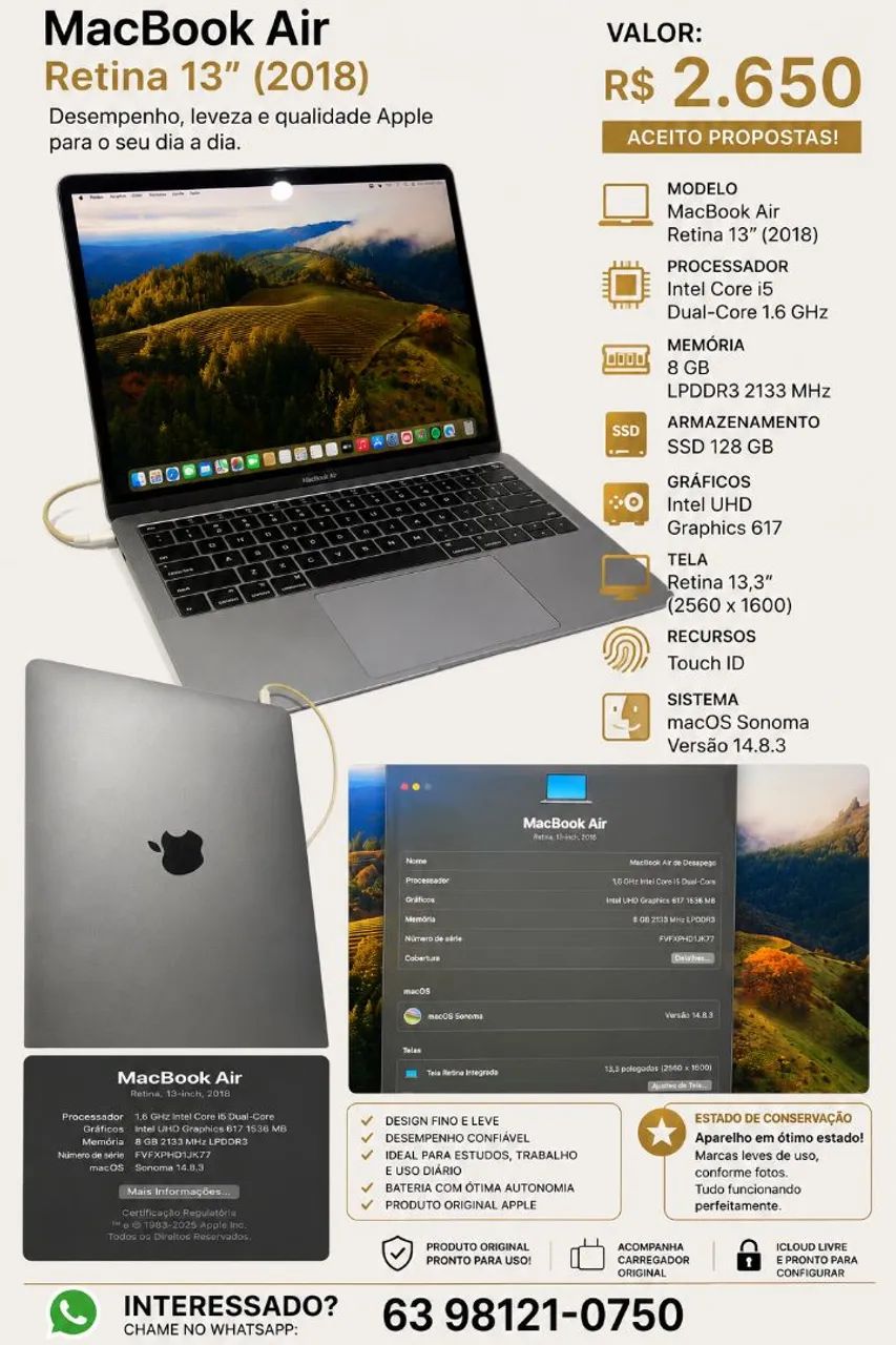 MacBook Air Retina 13" 2018 - Intel Core i5 | 8GB RAM | SSD 128GB | Excelente Estado
