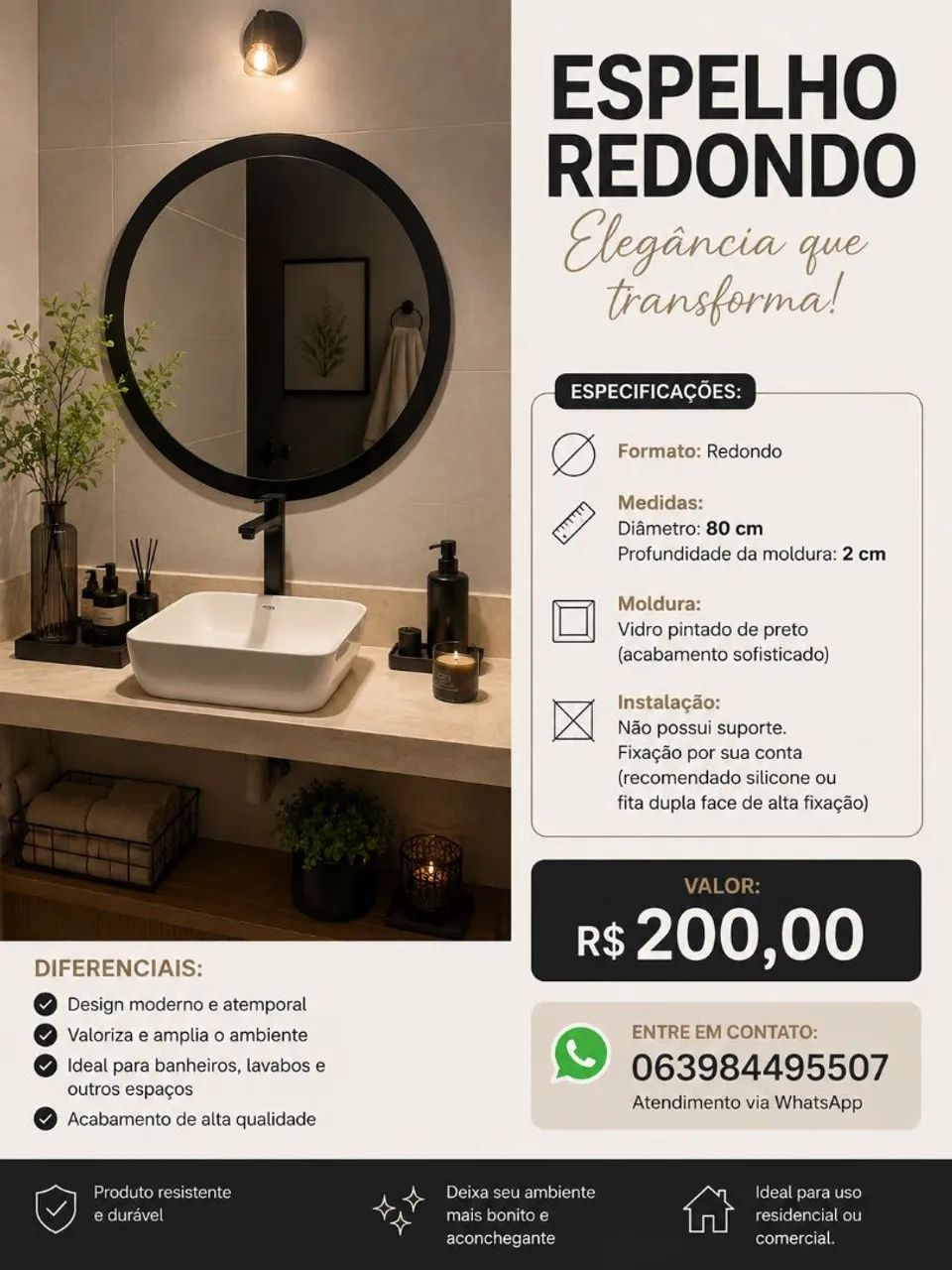 Espelho redondo com moldura preta