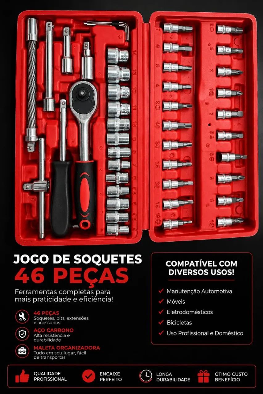 Kit Jogo de Soquetes + Chaves e Bits | 46 Peças | Frete Incluso