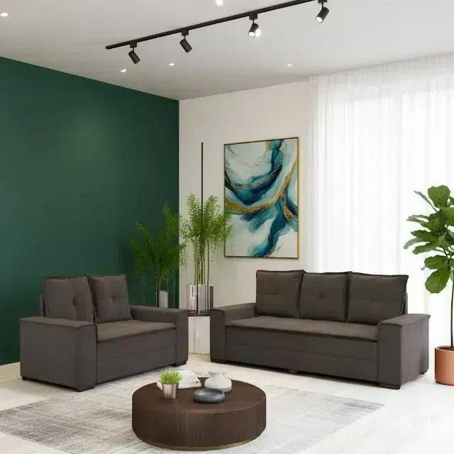 Sofá 2 e 3 lugares Barcelona Marrom Com 5 Almofadas