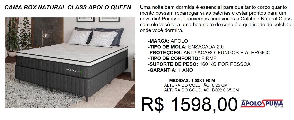 Cama Box Queen Apolo Natural Class - 1,58x1,98 M
