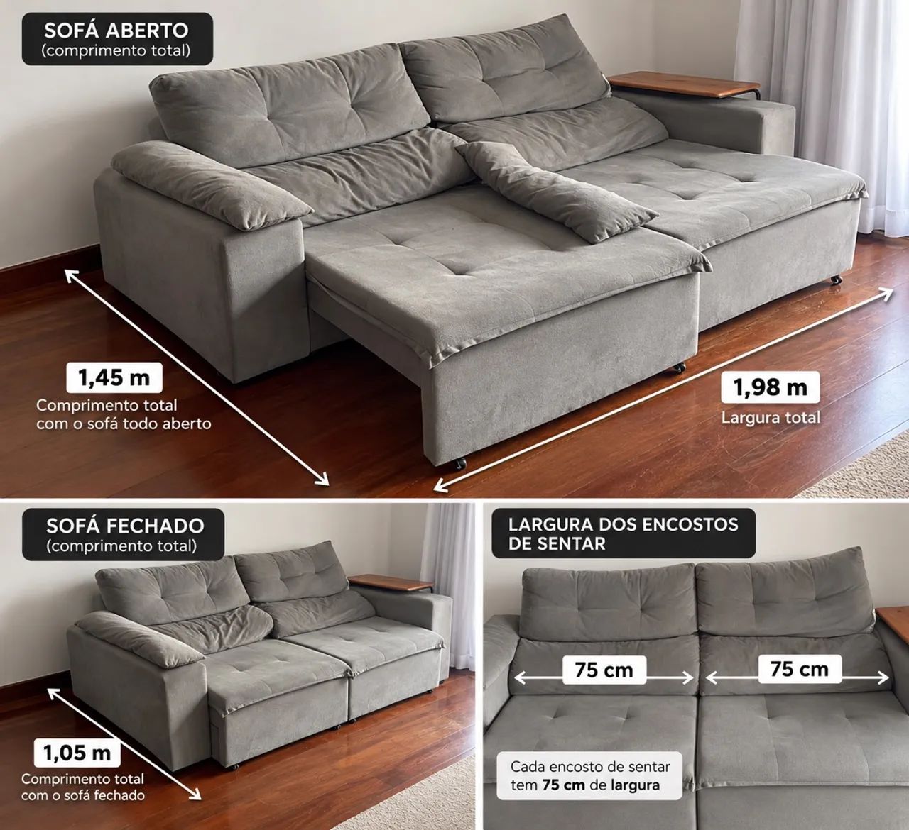 Sofá Retrátil 2 lugares Cinza  - Foto 2