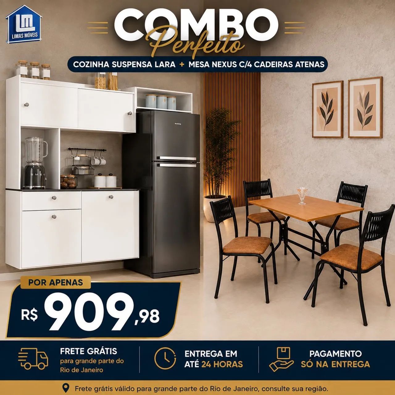 Combo mesa jantar com 4 cadeiras + cozinha compacta suspensa / frete grátis 